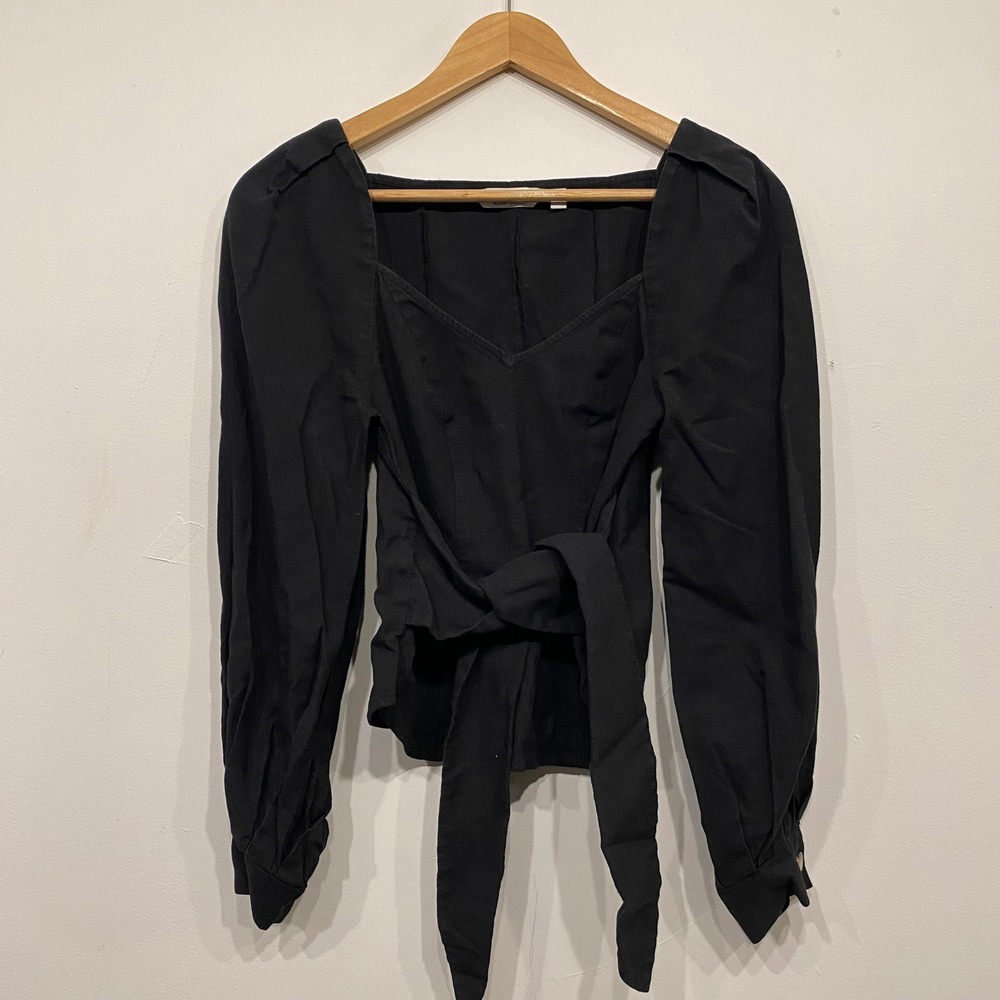 &‎ Other Stories Black Linen Blend Puff Sleeve Tie Waist Blouse Top US 4